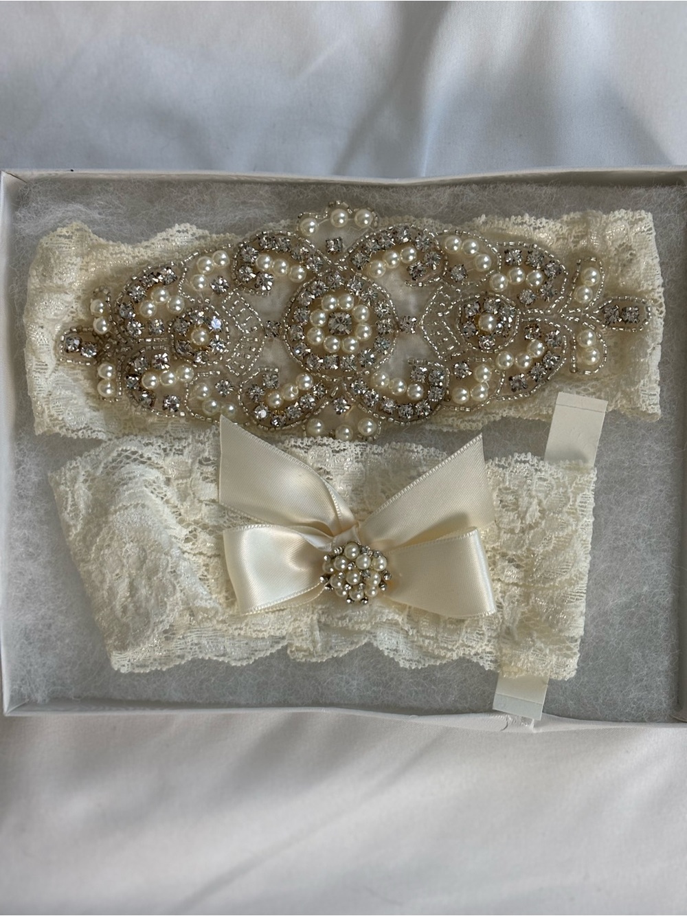 Ivory Lace Bridal Garter Set with Pearl & Crystal Appliqué